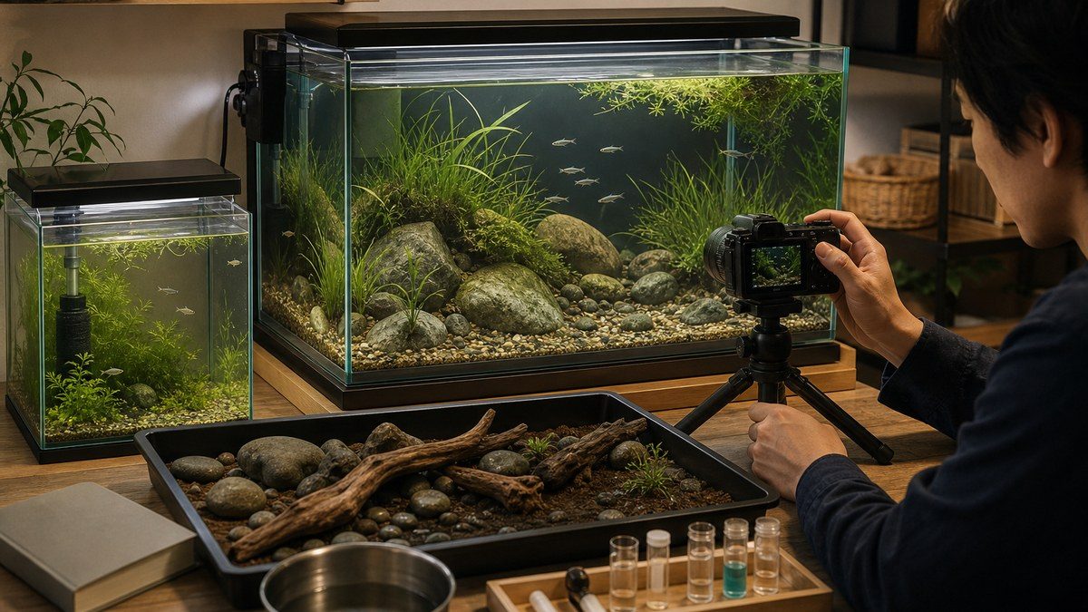 日本の水辺風メダカ水槽を撮影し、別のろ過付き育成水槽で稚魚を観察する飼育者