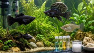 水草水槽でブラックモーリーとセルフィンモーリーを飼育する様子を示した画像