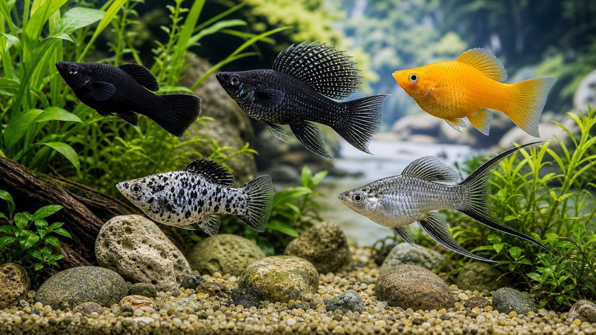 ブラックモーリー・セルフィンモーリー・ゴールドモーリーなどを水草水槽で並べた画像