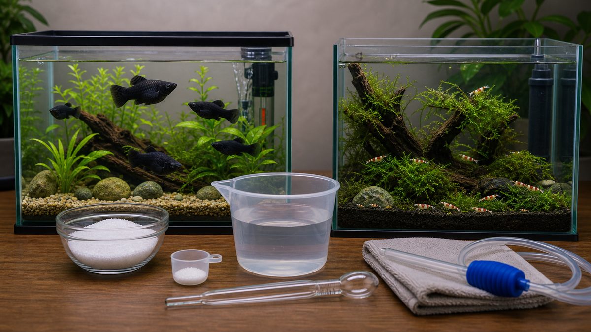 モーリー専用水槽とエビ水槽を分け、塩添加の道具を置いた画像