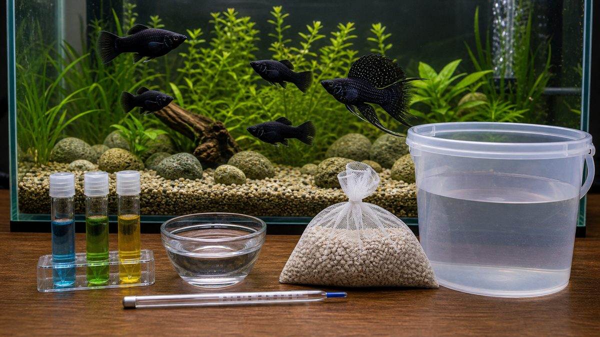 検査液・サンゴ砂・換水バケツでモーリー向けの硬水とpH管理を示す画像