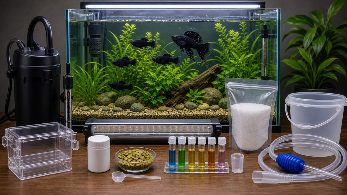 フィルター・ヒーター・餌・隔離箱・検査用品をモーリー水槽の前に並べた画像