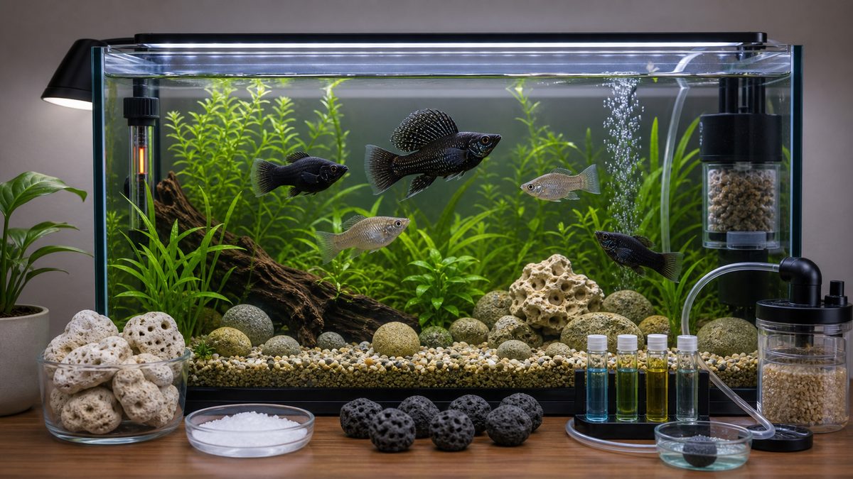 フィルター・ヒーター・硬水向け素材を備えたモーリー水槽の画像