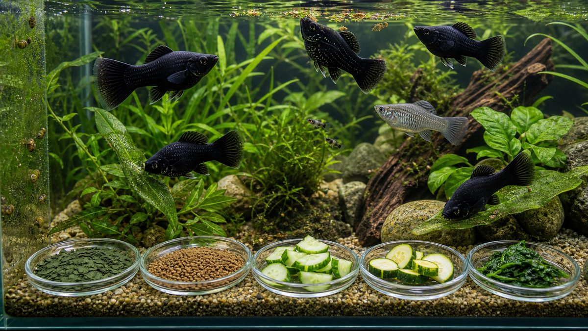 モーリーがフードや植物質の餌を食べ、柔らかいコケをつつく水槽画像