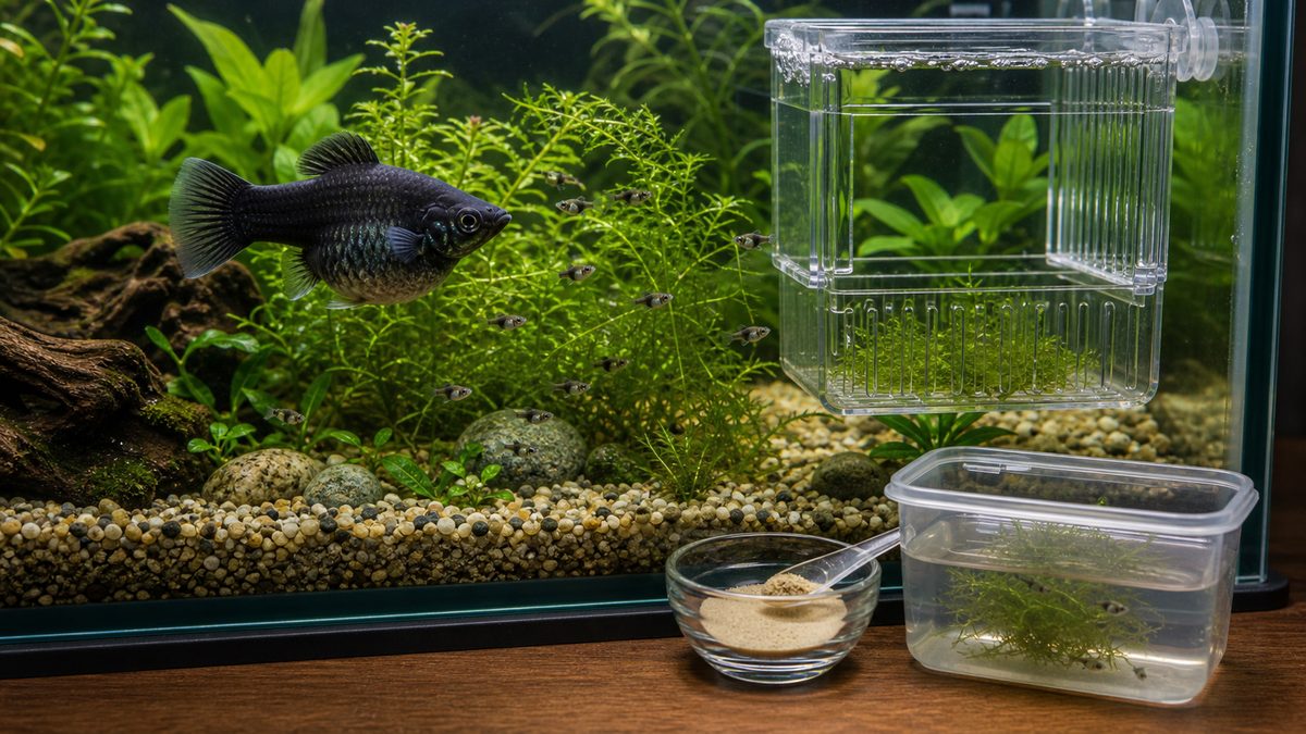 妊娠したメスのモーリーと稚魚用隔離ボックスを示す画像