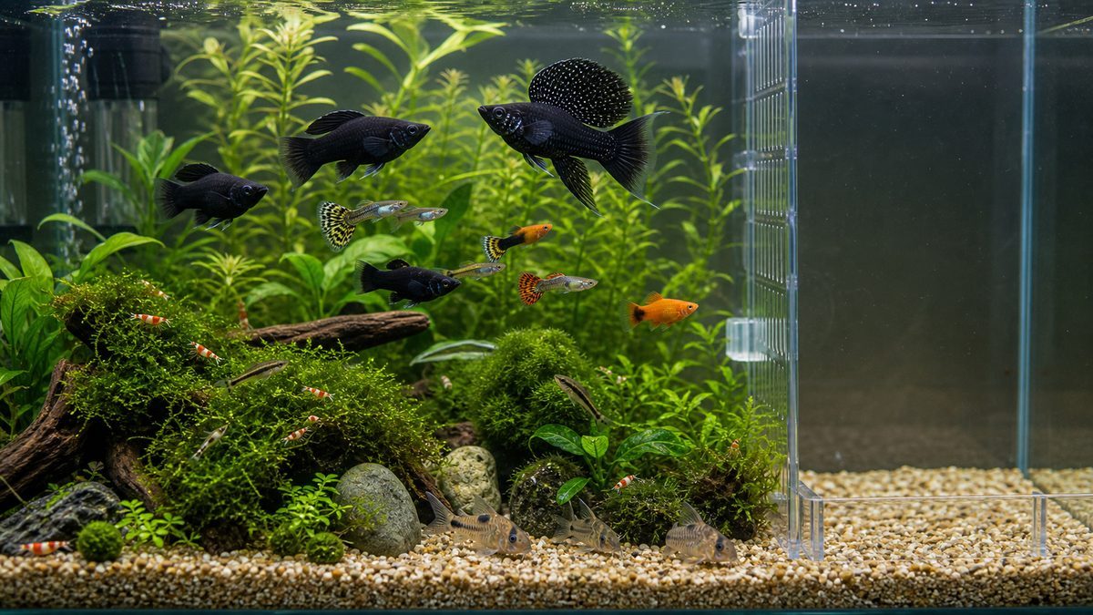 モーリーと温和な混泳魚を水草水槽で泳層分けして飼う画像