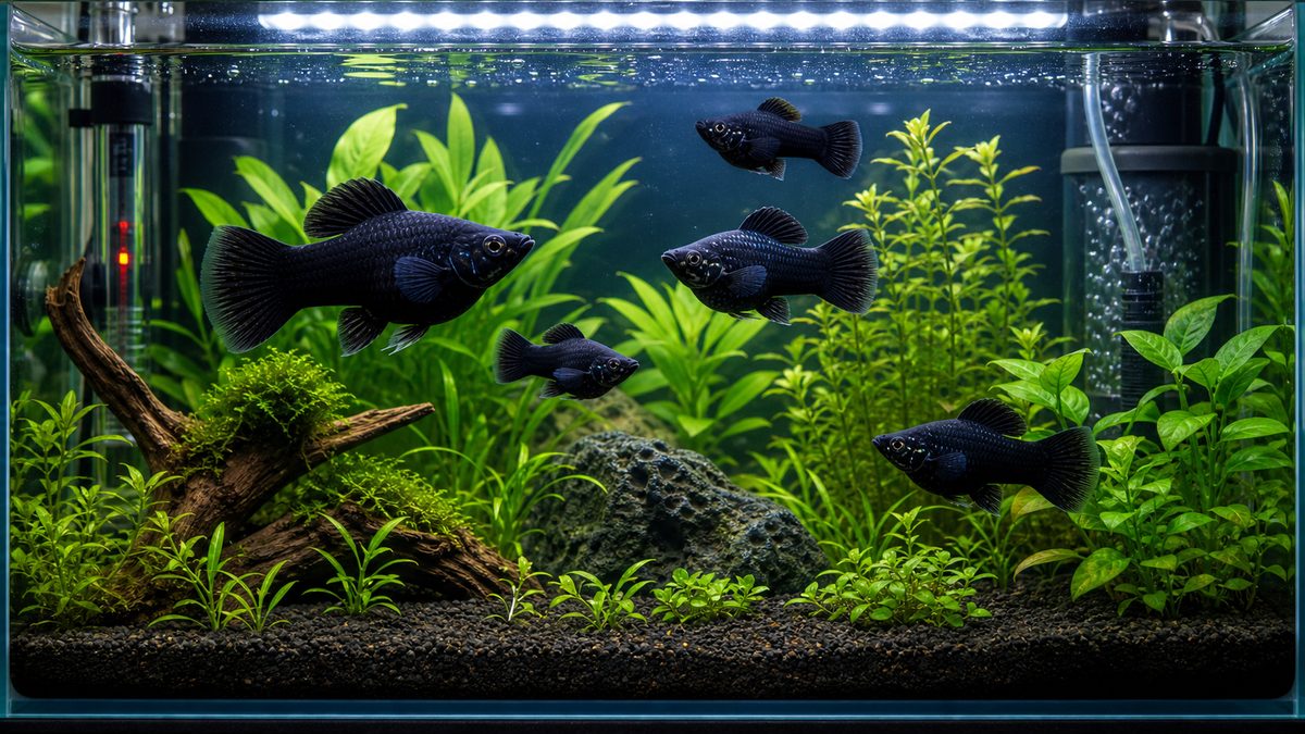 明るいLEDと水草の緑で黒いブラックモーリーが映える水槽画像