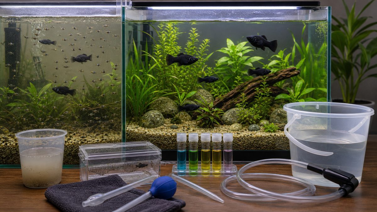 増えすぎた稚魚と水質悪化を水換え用品で改善する流れを示す画像