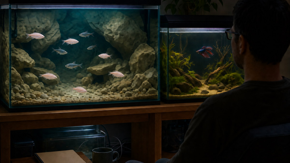 活動的で短いひれの魚と余裕を持って泳ぐブラインドケーブフィッシュの水槽と長いひれの魚を分けた別水槽
