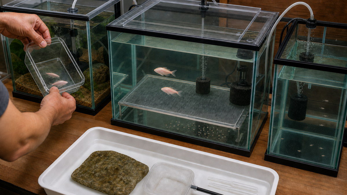 卵を親魚から守る細かなメッシュ付き産卵水槽と親魚の移動先・稚魚用水槽を分けた繁殖設備