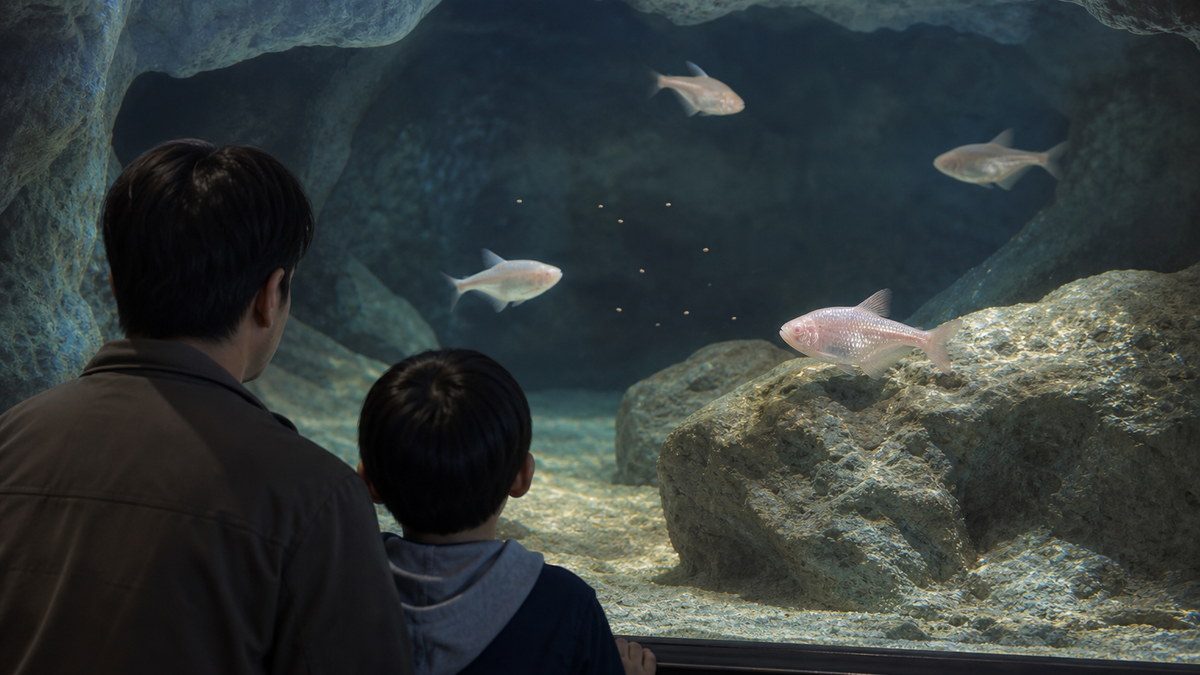 石灰岩風の広い展示水槽で旋回・採餌・異なる深さの遊泳を見せるブラインドケーブフィッシュを観察する親子