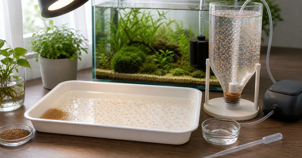 ブラインシュリンプの卵から孵化と稚魚給餌までをまとめた飼育イメージ