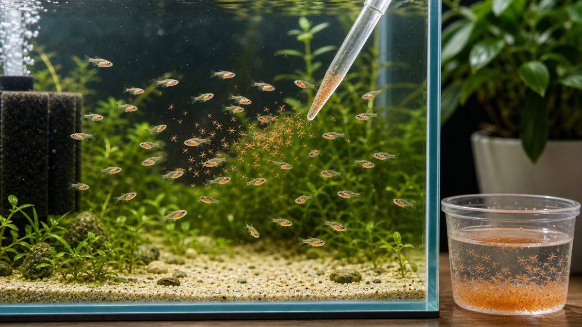 稚魚にブラインシュリンプを少量ずつ与えるイメージ