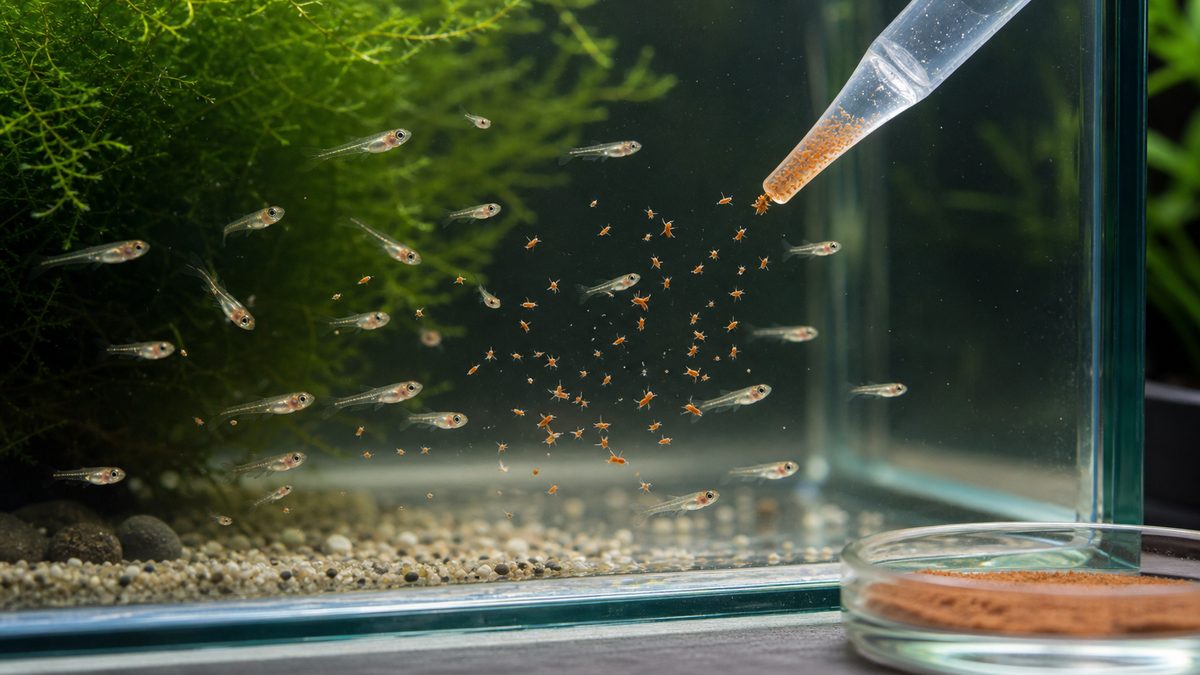 稚魚が小さなブラインシュリンプ幼生を食べるイメージ