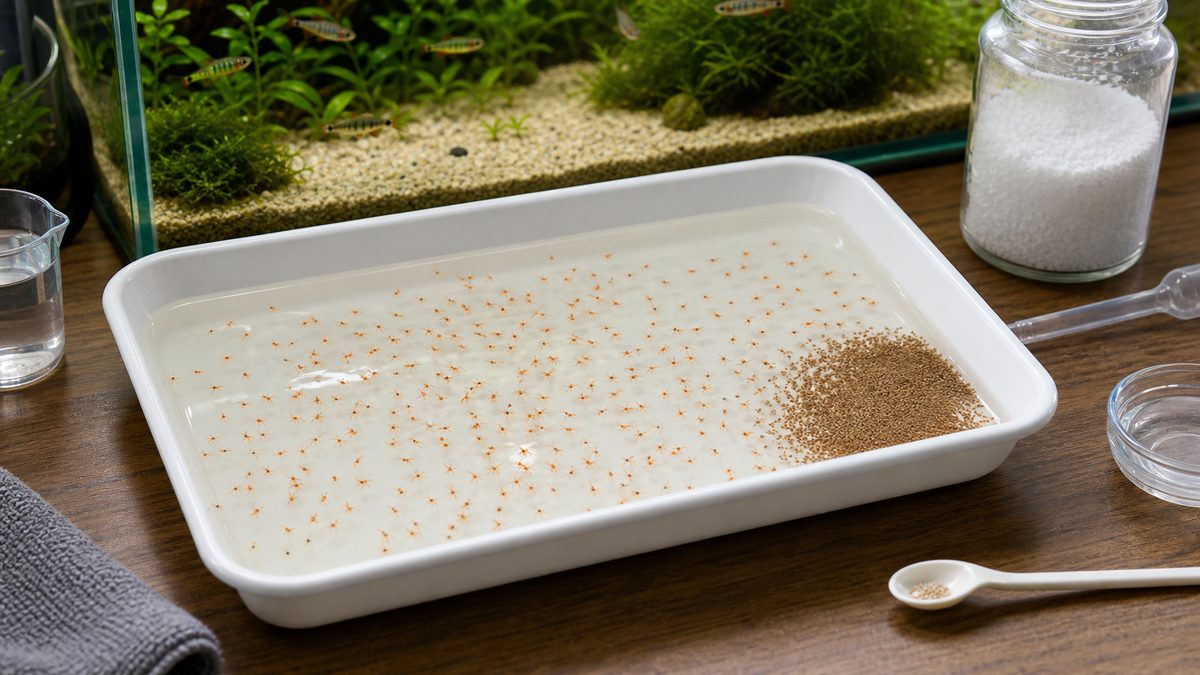 浅い皿で少量のブラインシュリンプを湧かす皿式のイメージ