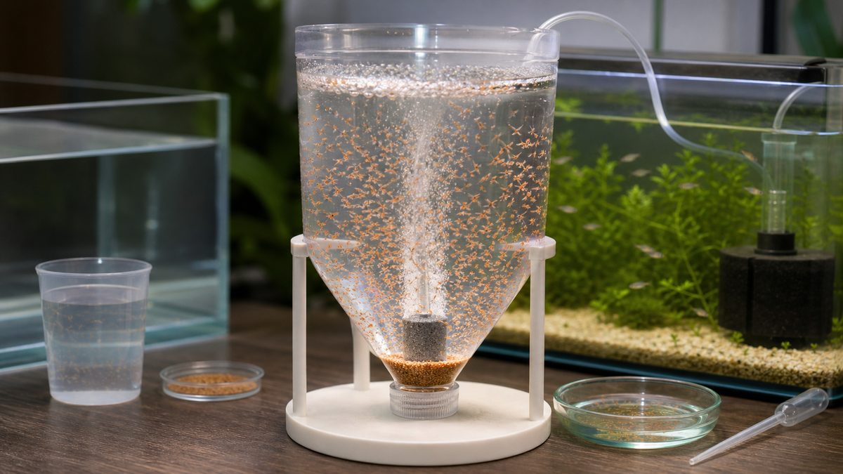 逆さボトルとエアレーションでブラインシュリンプを大量孵化させるイメージ