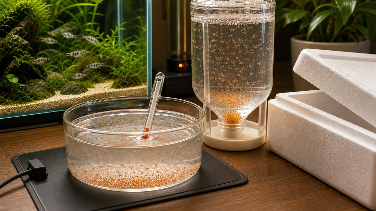 ブラインシュリンプ孵化で水温を安定させる管理イメージ