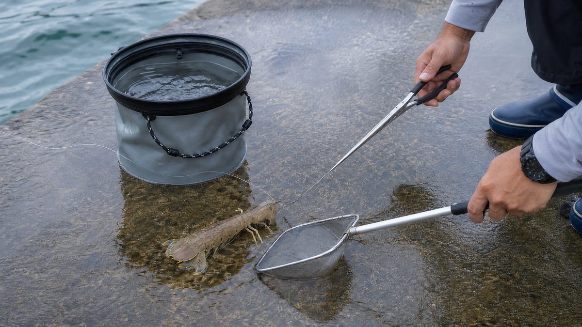 釣れたシャコから手を離し長いプライヤーと容器で対処する釣り場