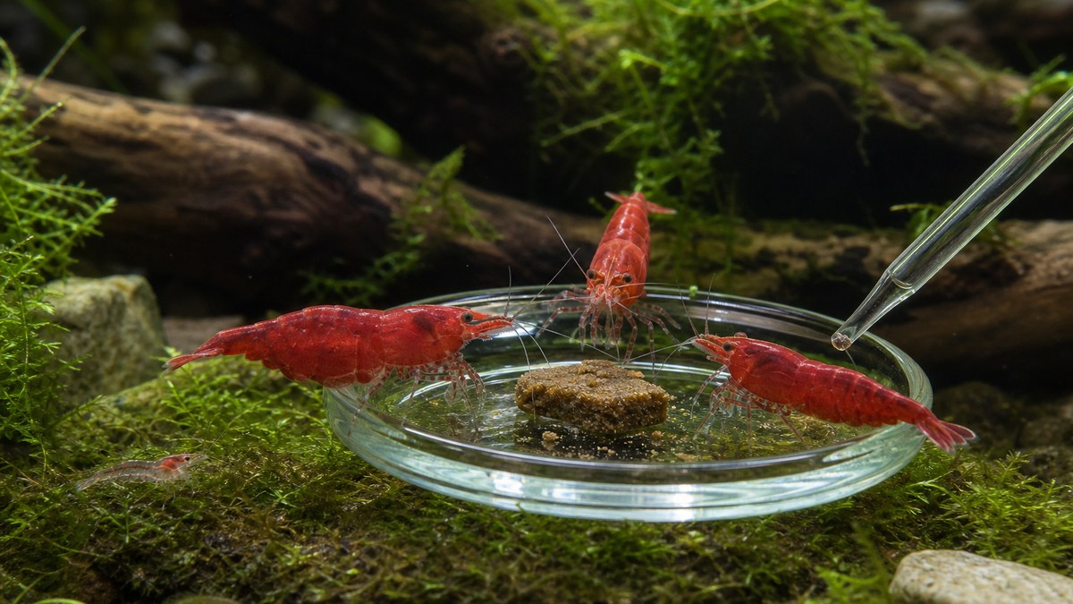 モスのバイオフィルムとガラス皿の少量の餌を食べるチェリーシュリンプ
