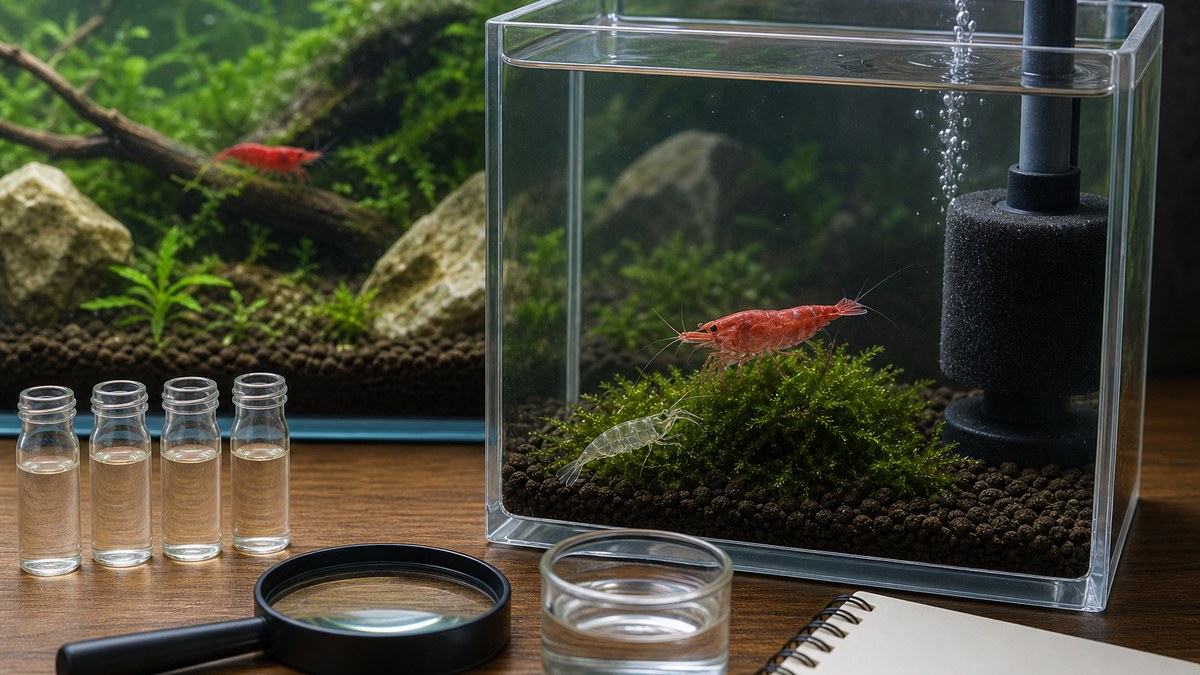 色が薄いチェリーシュリンプを小型の隔離水槽で観察し水質を確認する環境