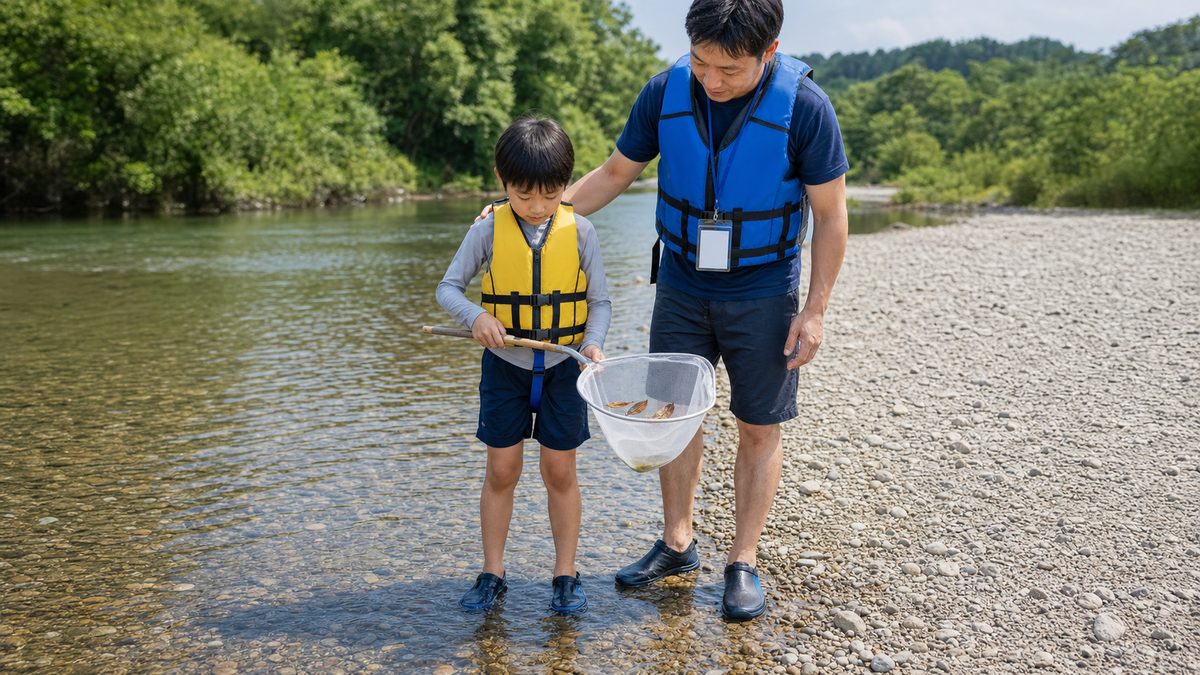 体に合うライフジャケットを着け大人と浅瀬で川を観察する子ども