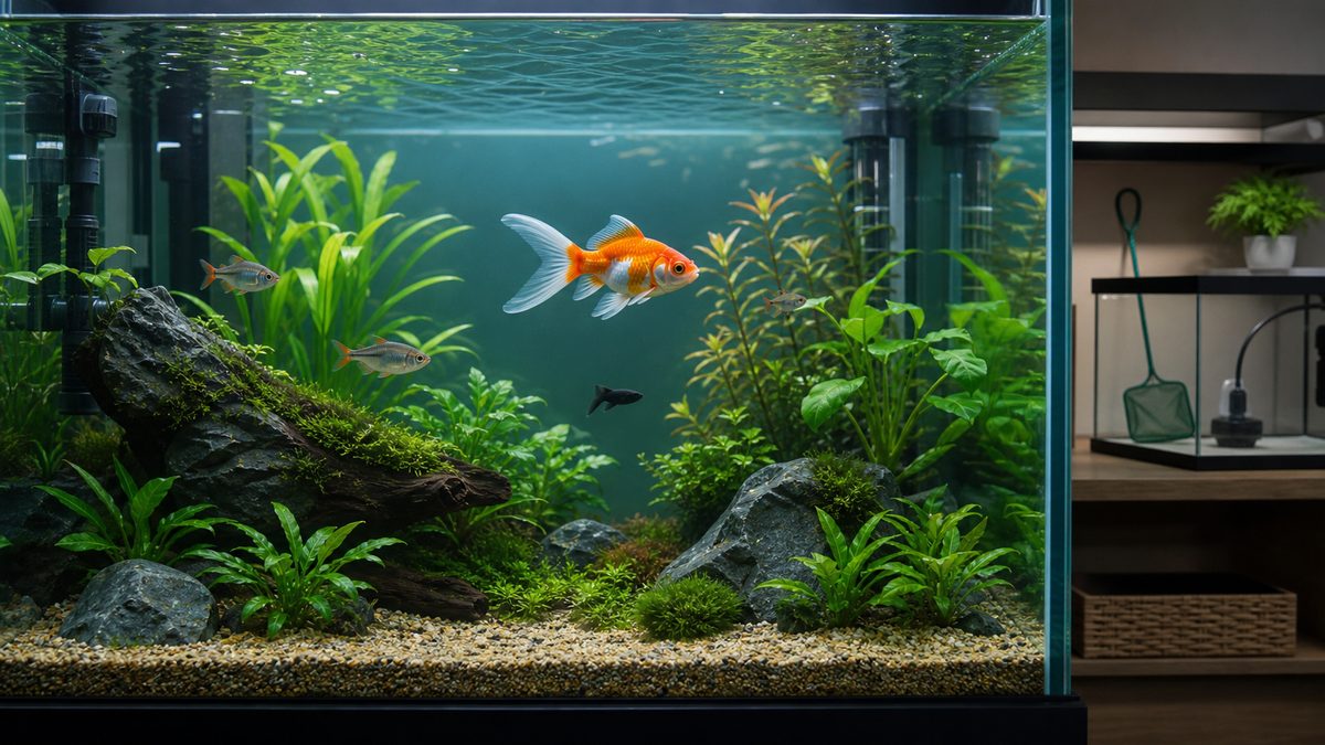 治療後の金魚が安定した植栽水槽へ戻り元気に泳ぐ回復完了の様子