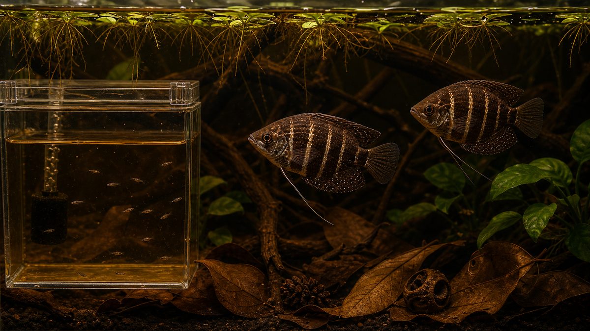 ペアと稚魚容器でチョコレートグラミーの口内保育を示す画像