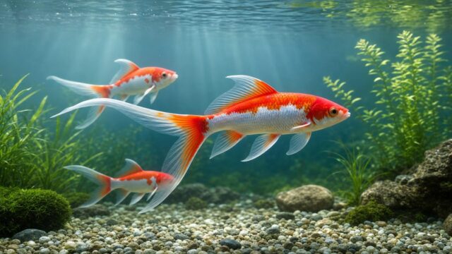 広い水槽を泳ぐ赤白のコメット金魚3匹と長く深く分かれた尾びれ