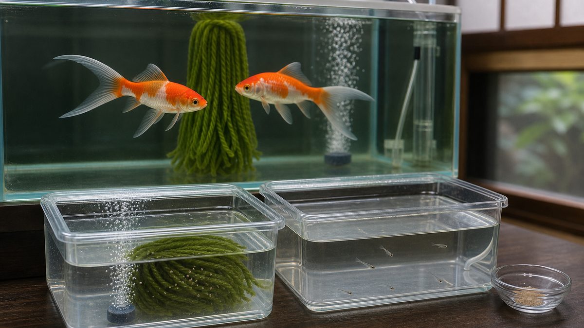 コメット金魚の親魚水槽と微小な卵、細い稚魚を分けて育てる容器
