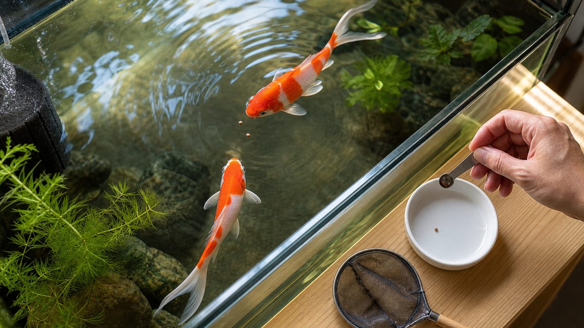 コメット金魚2匹へ少量の粒餌を与え計量スプーンで量を管理する場面