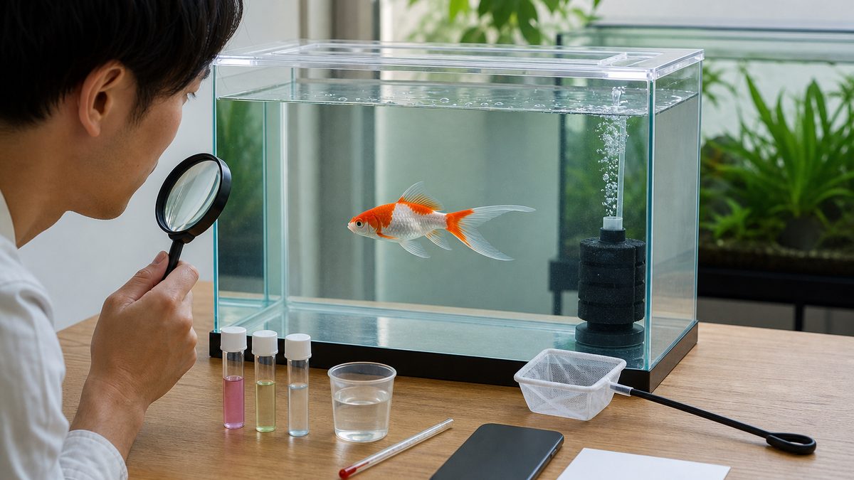 隔離水槽のコメット金魚を観察し水温と水質を確認する健康管理