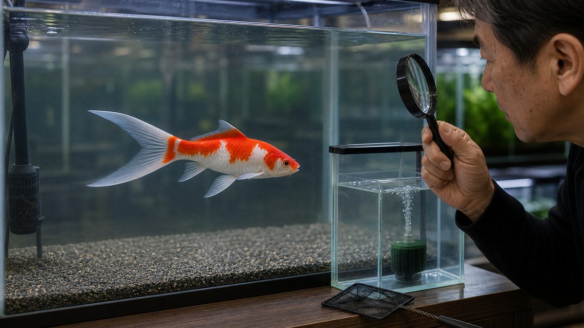 健康なコメット金魚をルーペで観察し空の隔離水槽を準備する場面