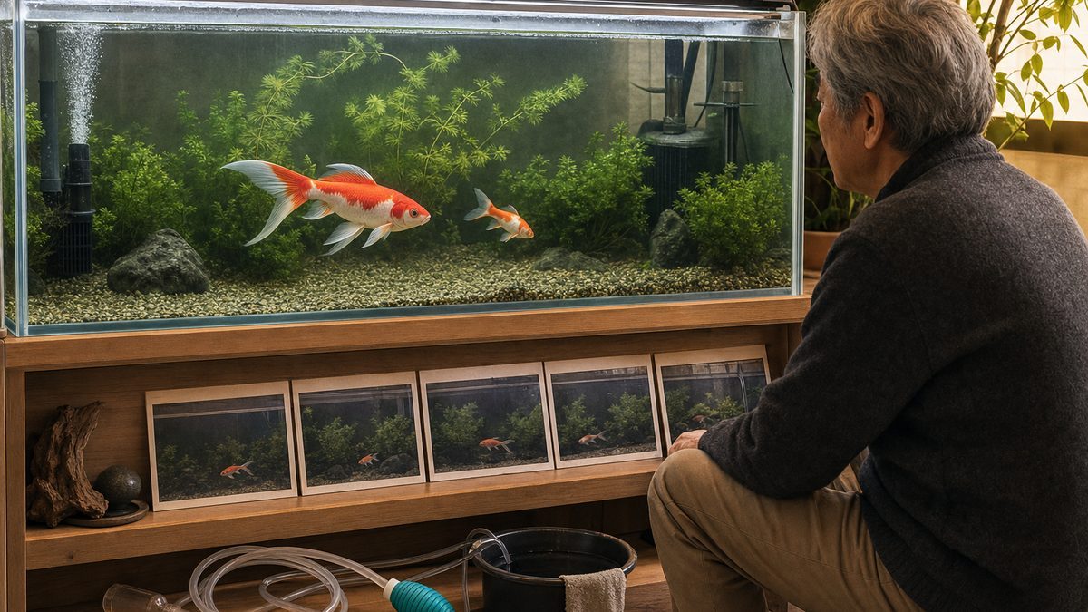 成長したコメット金魚を成熟水槽で長年見守る飼育者と記録写真