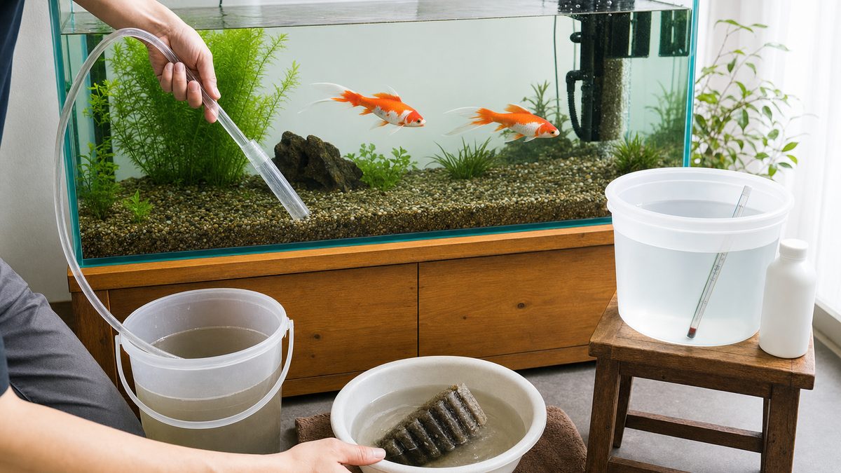コメット水槽の部分換水と取り出した飼育水でろ材を洗う手入れ