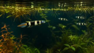 クラウンキリー Epiplatys annulatus のオスと群れが浮草の下を泳ぐ飼育・繁殖記事のアイキャッチ