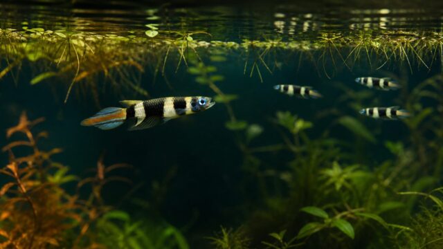 クラウンキリー Epiplatys annulatus のオスと群れが浮草の下を泳ぐ飼育・繁殖記事のアイキャッチ