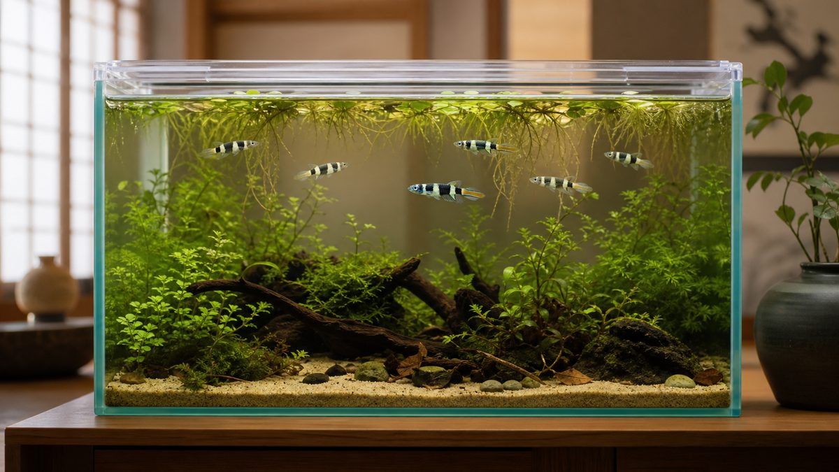 浮草の下を穏やかに泳ぐクラウンキリーの小型水草水槽