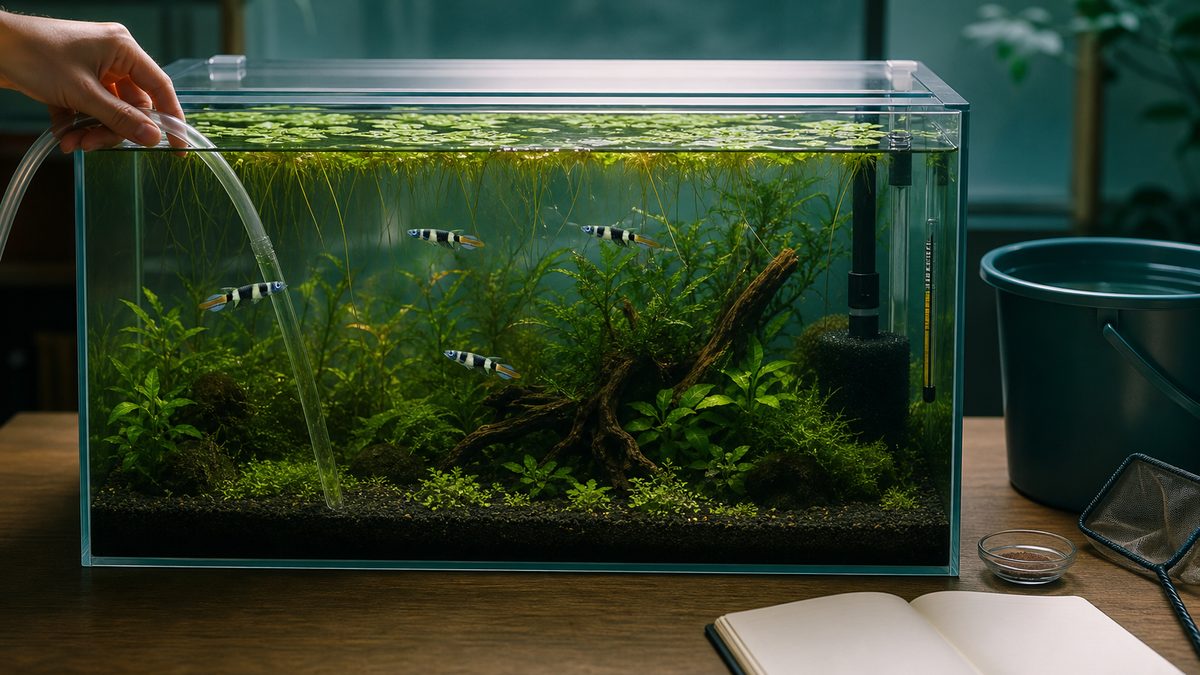 フタ付き水槽で給餌とゆっくりした部分換水を行うクラウンキリーの飼育環境