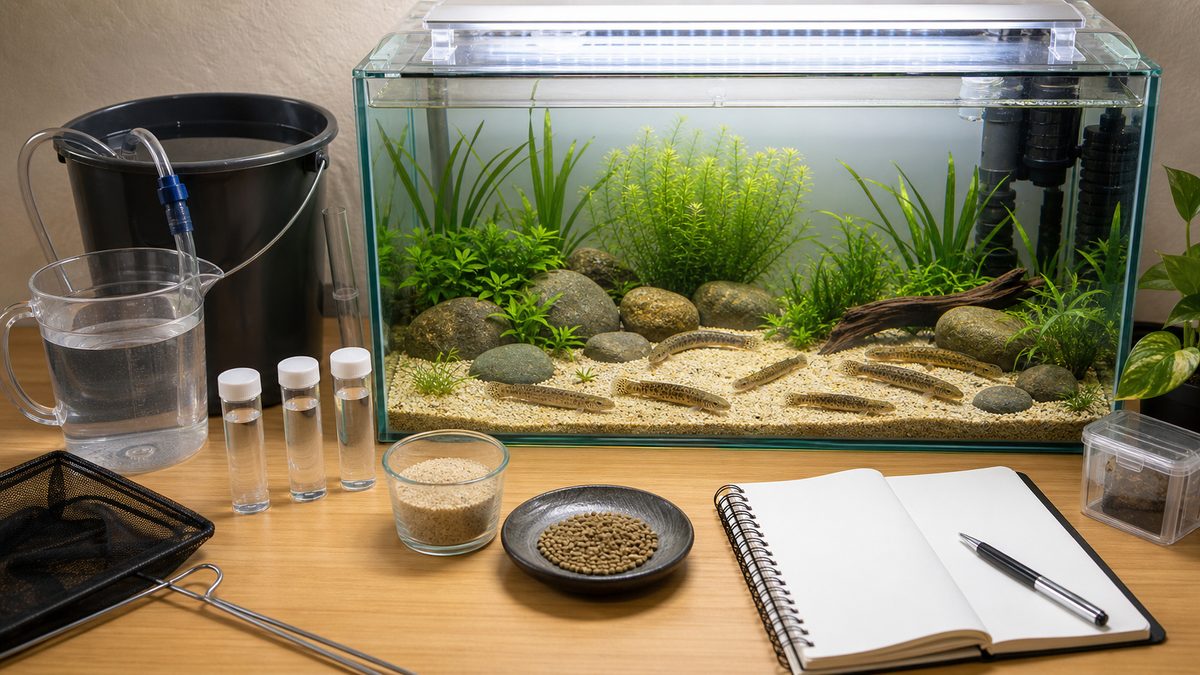 フタ付き水槽と細砂や餌などでドジョウ飼育の全体像を示す画像