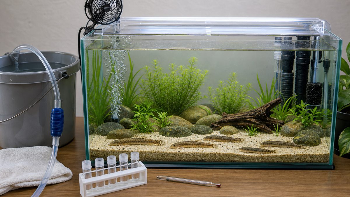 冷却ファンと換水用品でドジョウ水槽の水質管理を示す画像