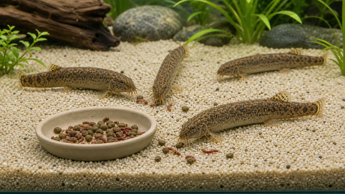沈下性の餌を底で食べるドジョウの給餌画像