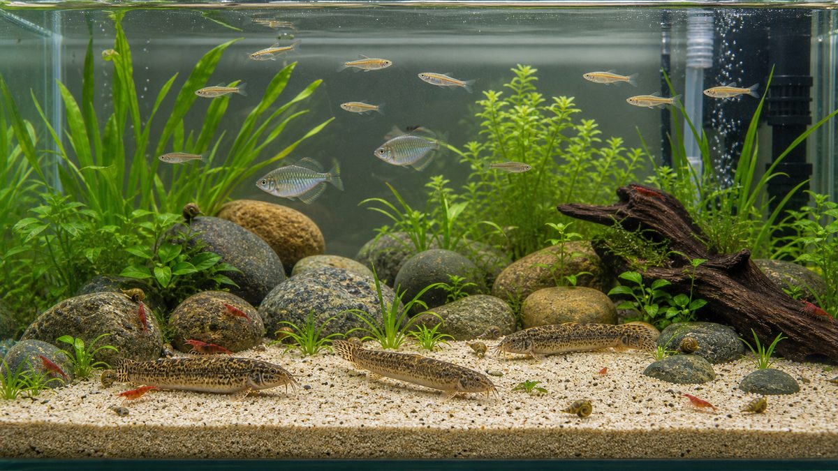 底層のドジョウと中上層の小型淡水魚が同居する混泳水槽画像