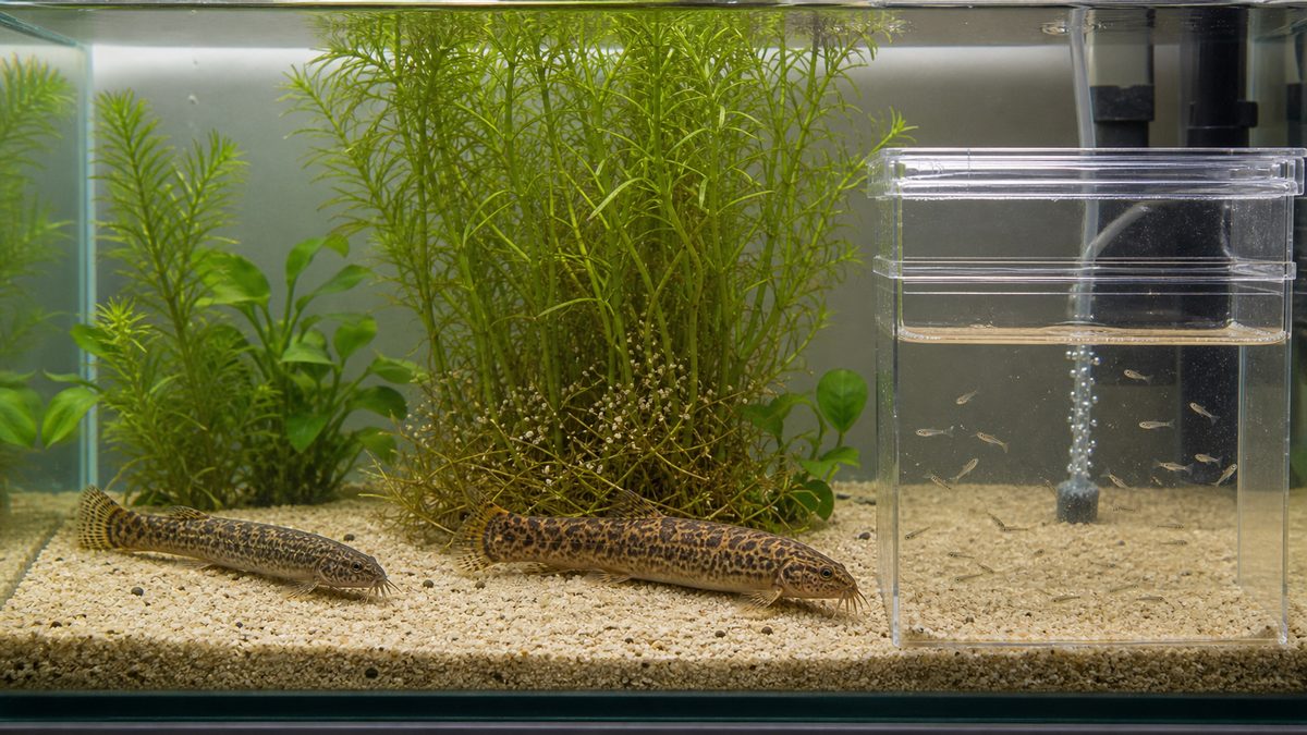 水草と稚魚容器を使ったドジョウの繁殖環境を示す画像