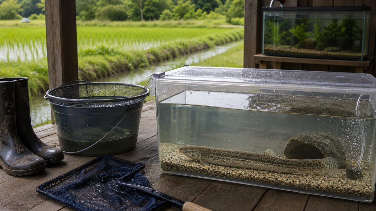 水田脇の水路で使うタモと運搬容器、本水槽とは別のフタ付き観察水槽に入れたドジョウ