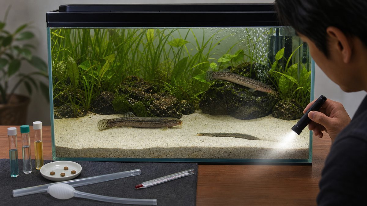 細かい砂と閉じたフタを確認し、水質検査と少量給餌でドジョウ水槽を点検する様子