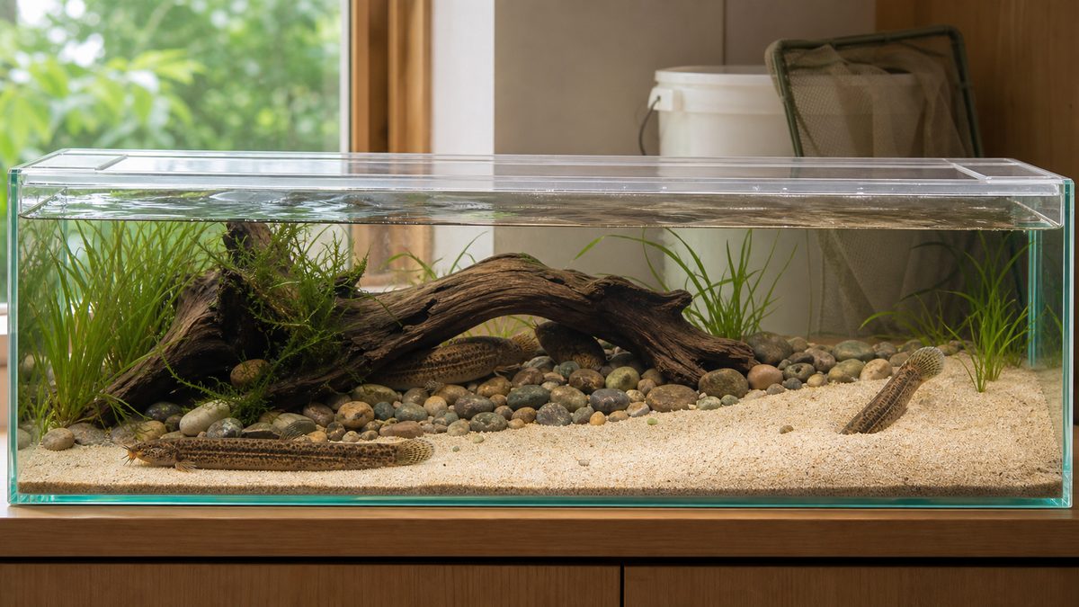 細かな砂の開けた場所と流木の隠れ家、水草、全面フタを備えた里山風ドジョウ水槽