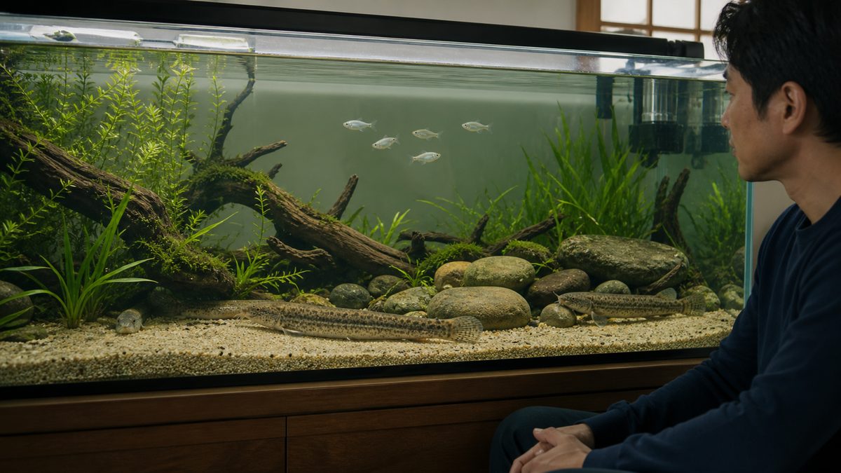 成熟した里山風水槽で砂に潜る3匹のドジョウと中層魚を静かに観察する飼育者