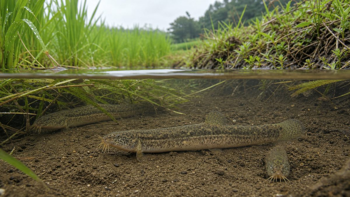 水田脇の土水路で泥と水草の間を泳ぐドジョウの生息環境と細長い体形