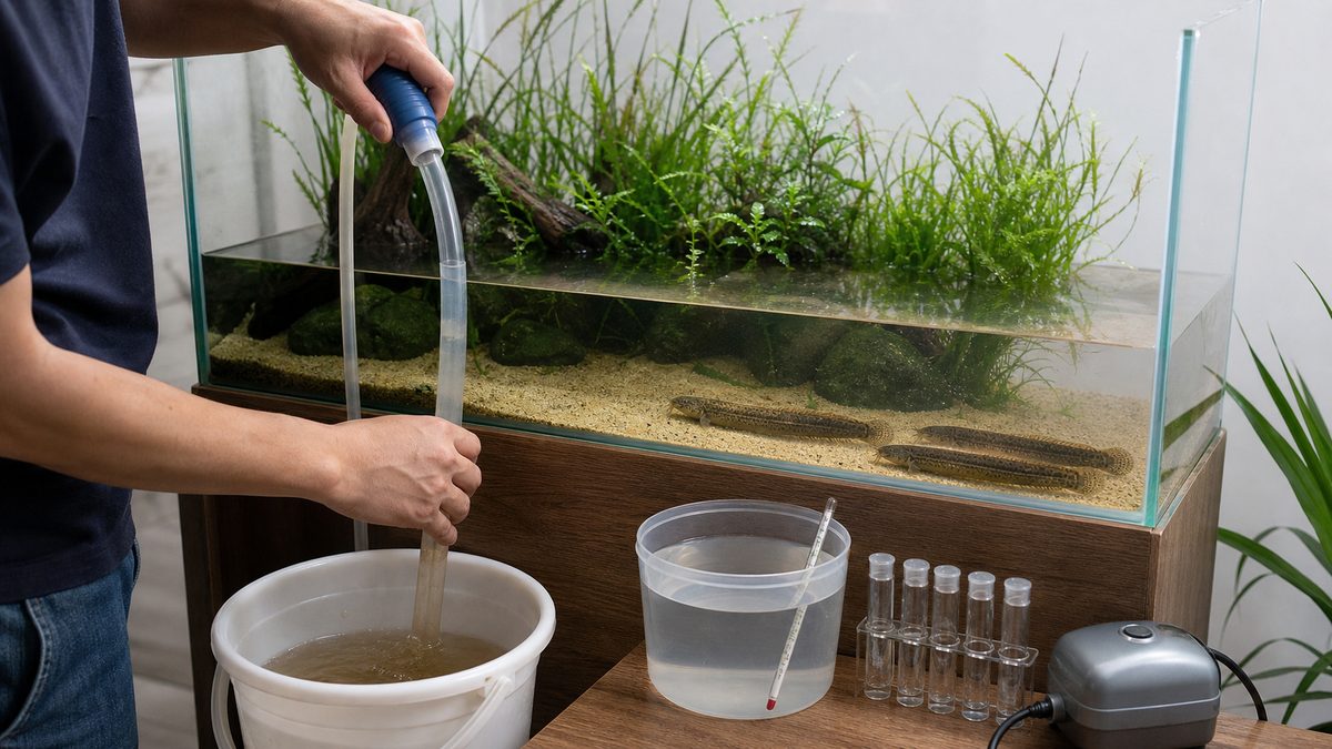 ドジョウを水槽の反対側へ避けながら底砂を吸い、水温を合わせた水を準備する部分換水
