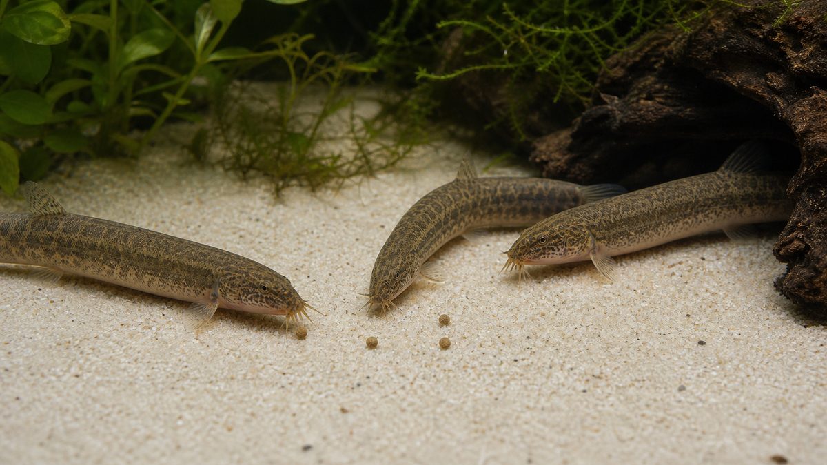 細かい砂の上で少量の沈下性ペレットを口ひげで探して食べる3匹のドジョウ